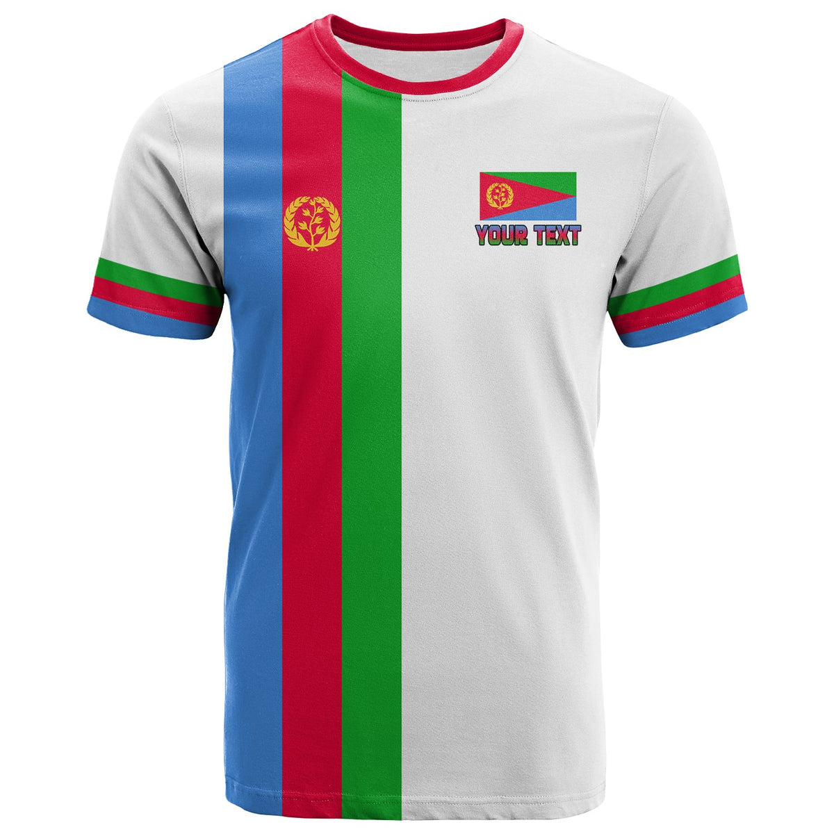 Weißes T-Shirt mit Eritrea-Farbstreifen vorn und Platzhalter-Text