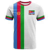 Weißes T-Shirt mit Eritrea-Farbstreifen vorn und Platzhalter-Text