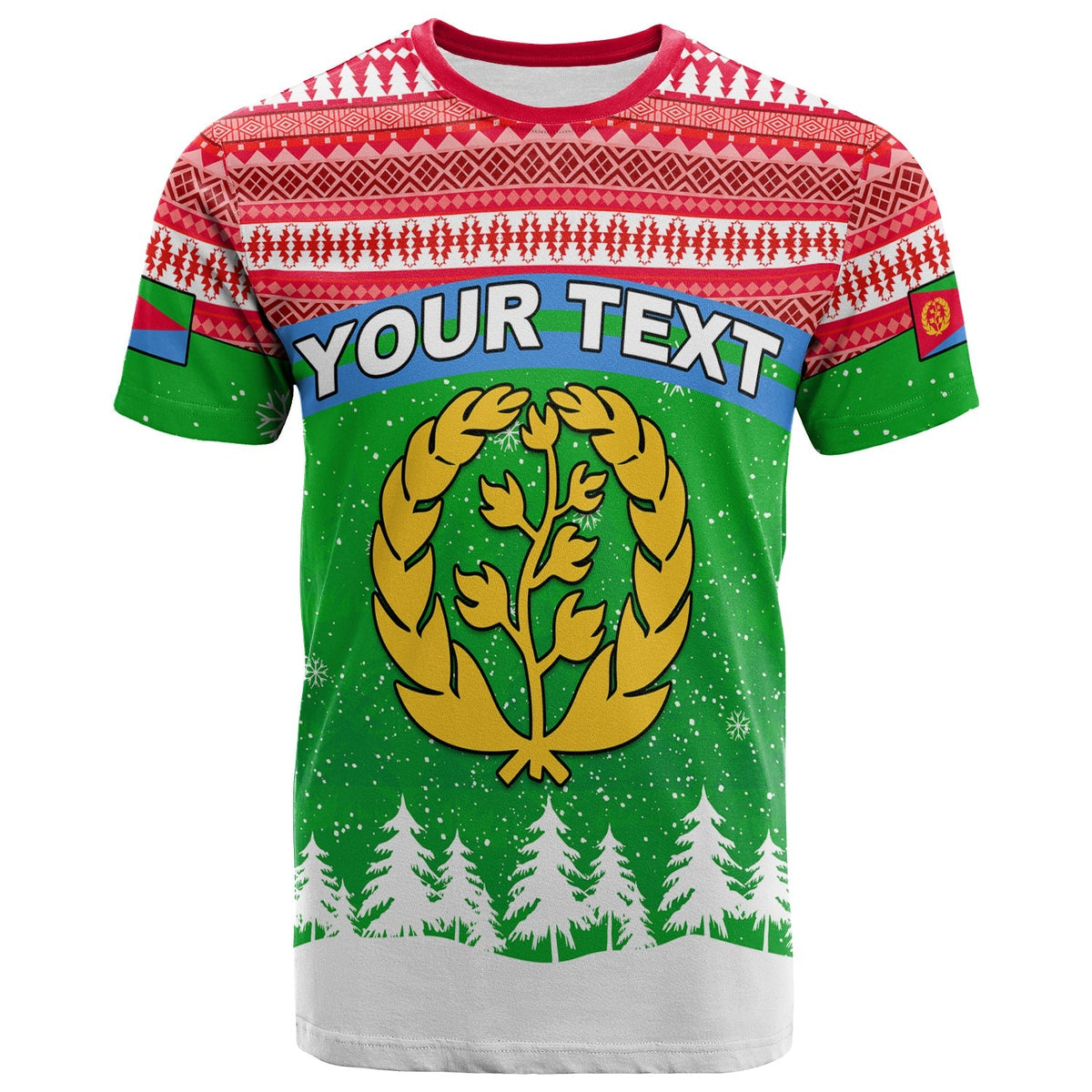 Christmas T-shirt in red, green with 'Your Text' and tree emblem, crew neck