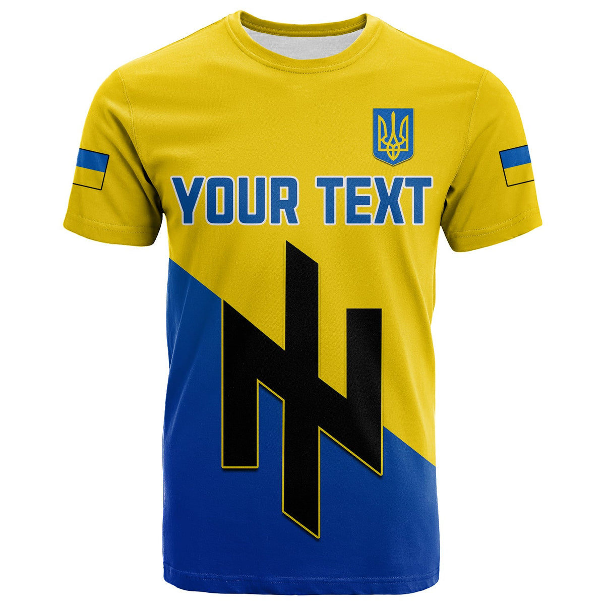 Wonder Print Shop yellow blue Ukraine-style T-shirt, front “YOUR TEXT” and trident crest