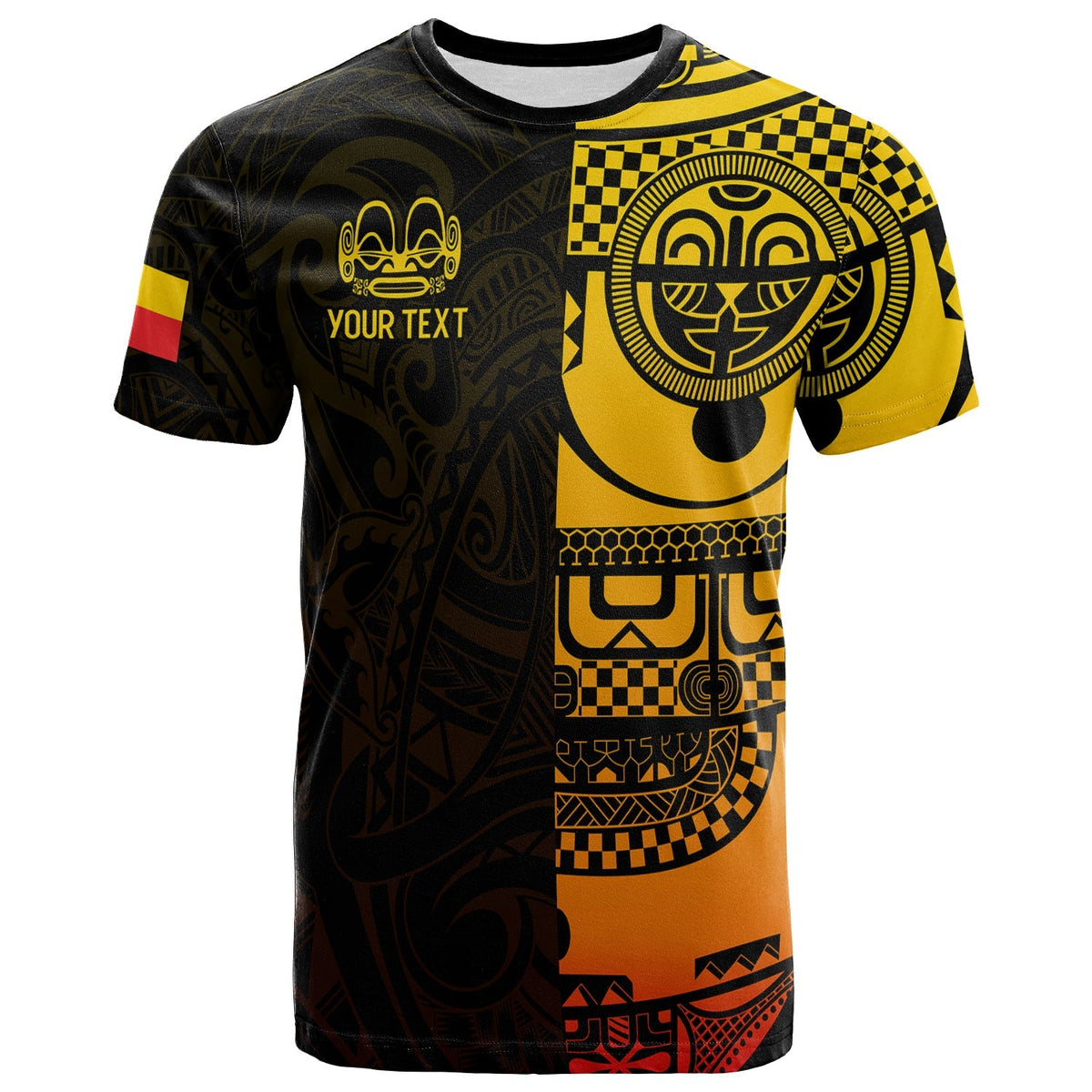 Black T-shirt with yellow gradient tiki tattoo and “YOUR TEXT” front print