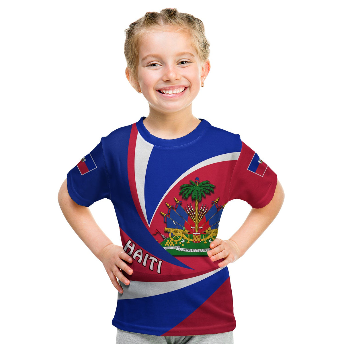 Kids Haiti flag T-shirt, blue neckline; palm-and-cannon emblem with “HAITI”