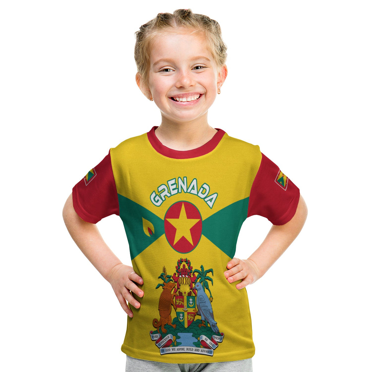 Kids yellow Grenada T-shirt with crest and maroon collar, short sleeves