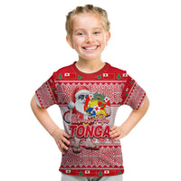 Kid's red Christmas T-shirt: Santa graphic, 'TONGA' text, festive knit pattern