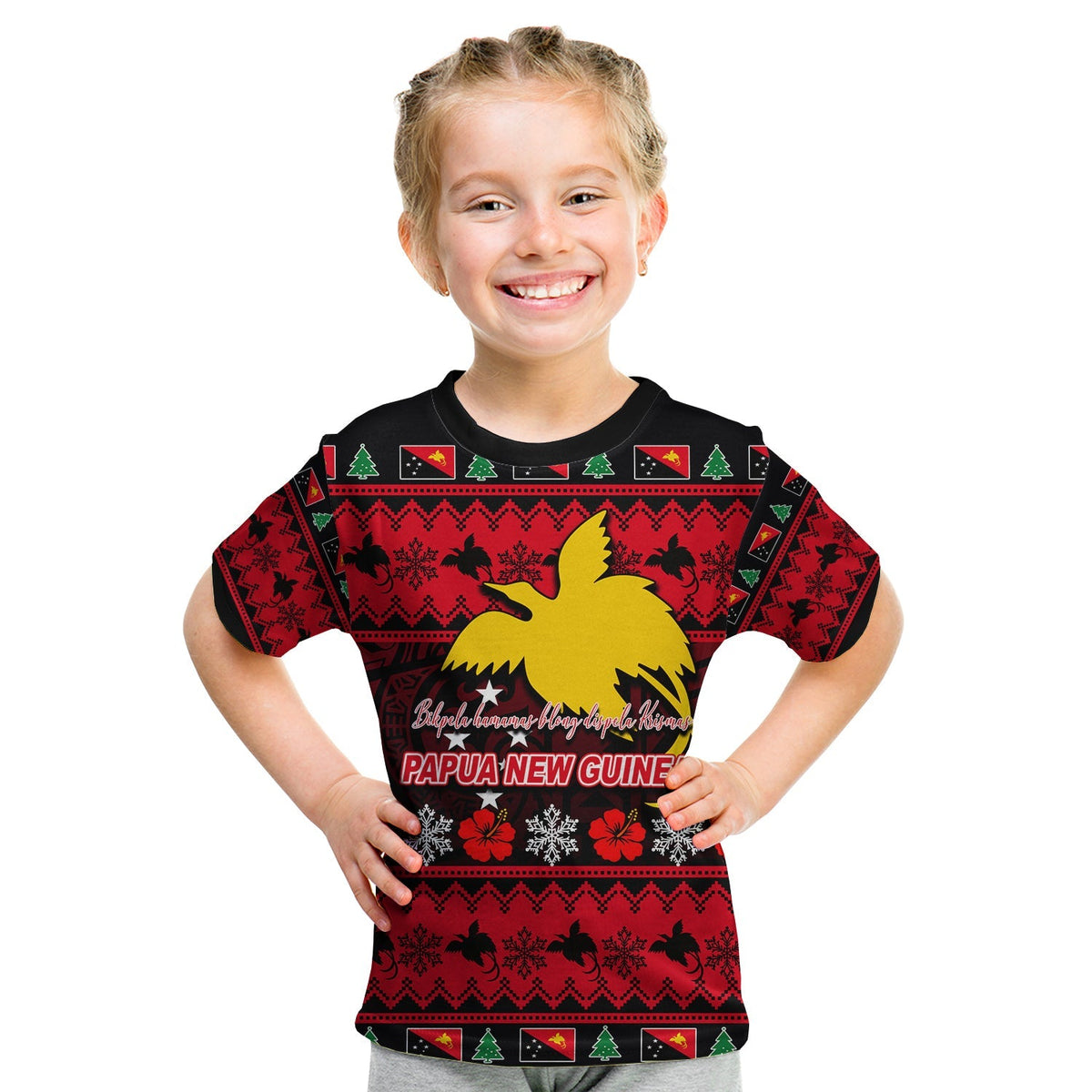 Kids red Christmas T-shirt with yellow bird graphic and Papua New Guinea text