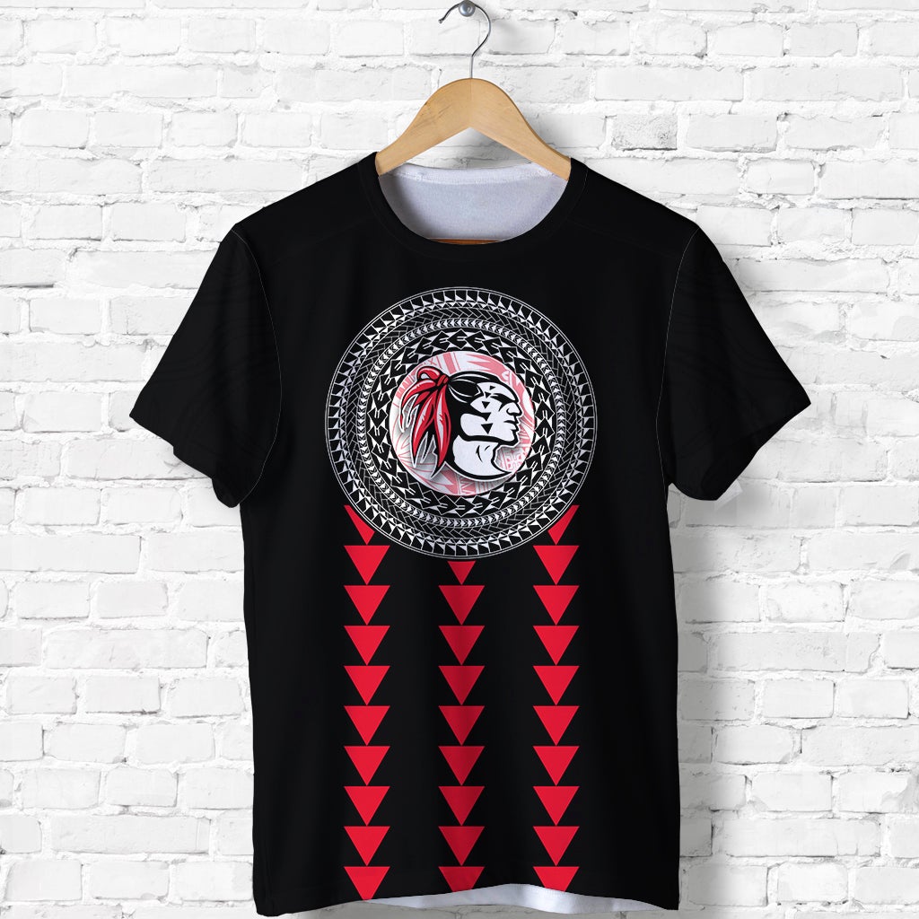 Black T-shirt with front circular logo and red arrow-chevron stripe graphic