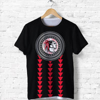 Black T-shirt with front circular logo and red arrow-chevron stripe graphic