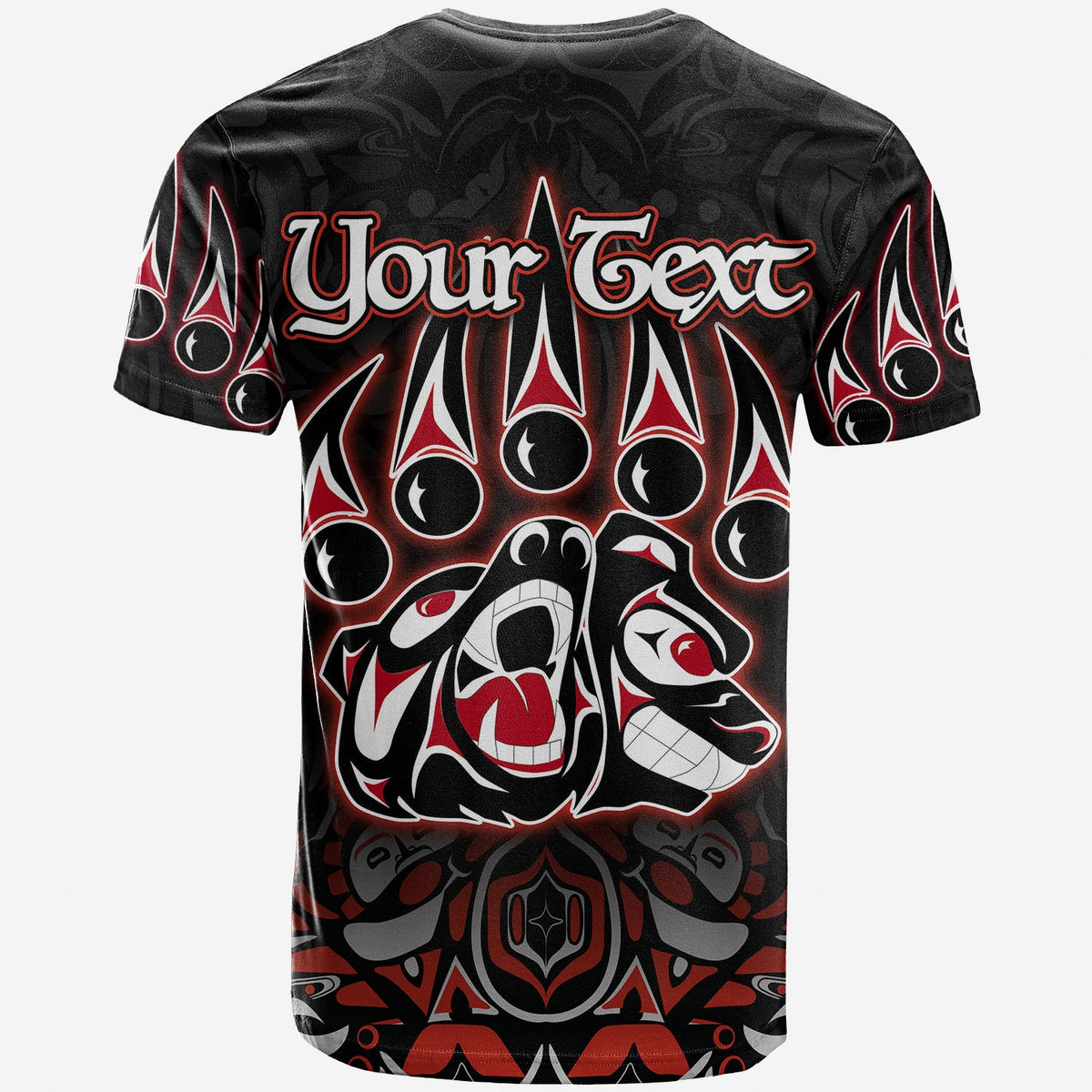 Black T-shirt back: 'Your Text' above Haida bear graphic in red/white