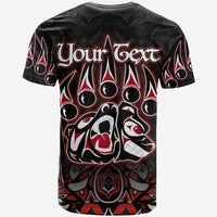 Black T-shirt back: 'Your Text' above Haida bear graphic in red/white