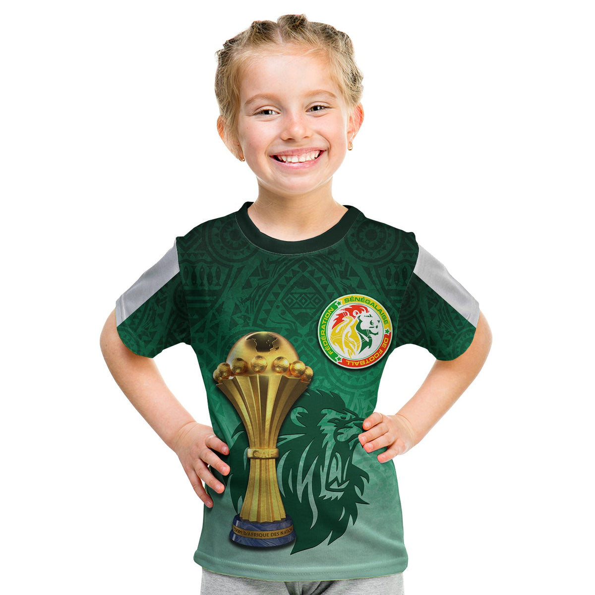 Kids green Senegal T-shirt with trophy graphic and round emblem on front