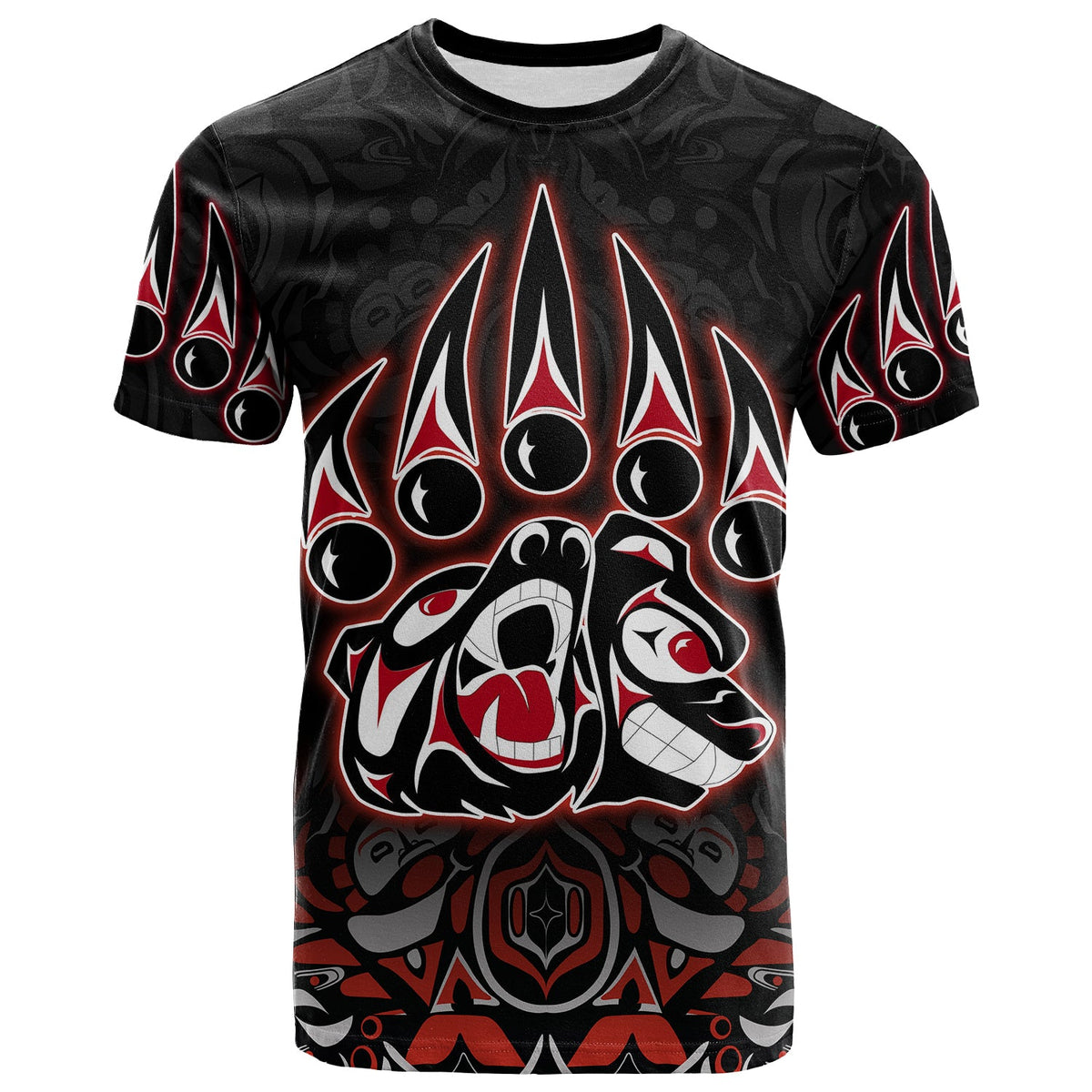 Black T-shirt with Haida-style bear graphic, red and white flame-like details