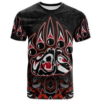 Black T-shirt with Haida-style bear graphic, red and white flame-like details