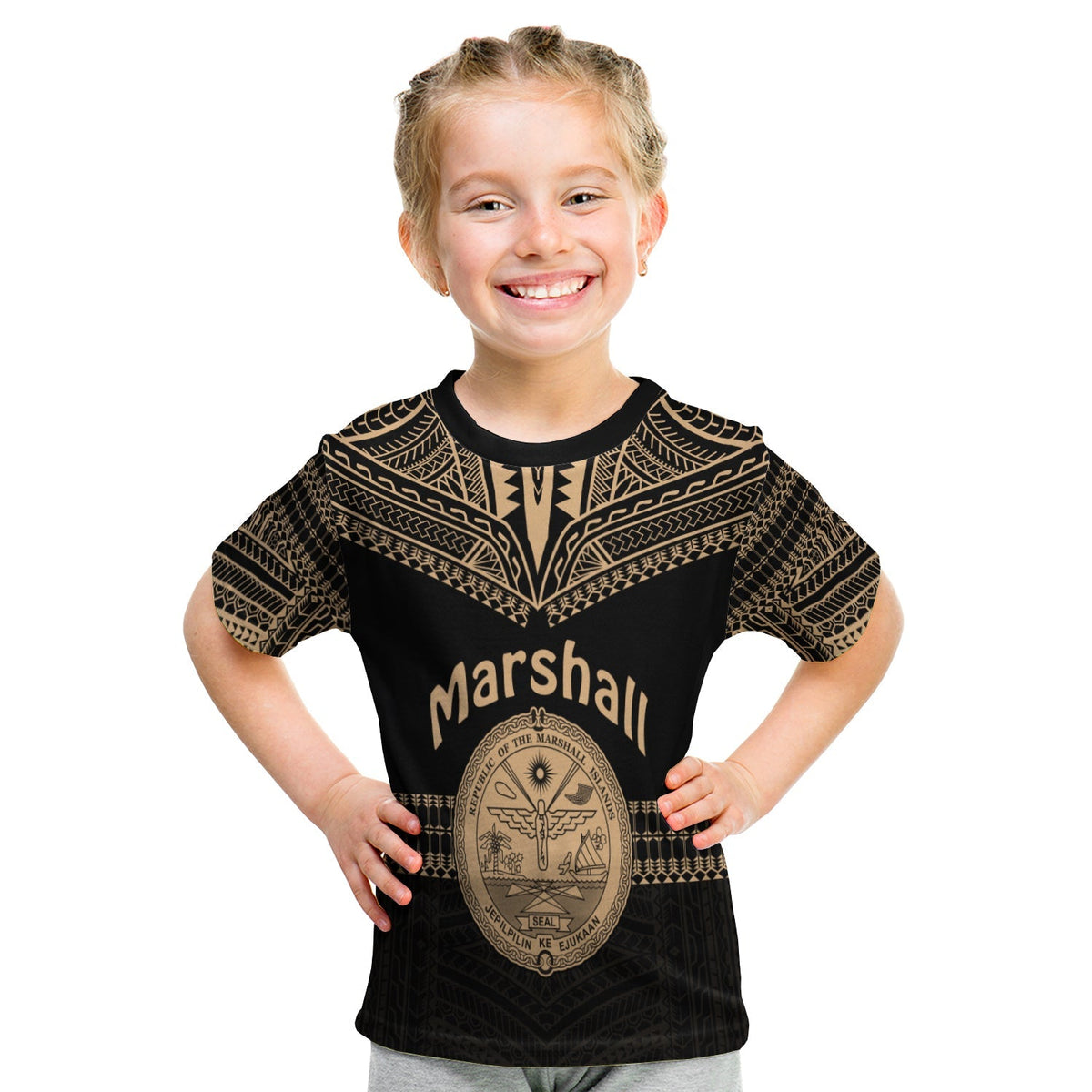 Kid black T-shirt with gold Marshall Islands front design and seal graphic