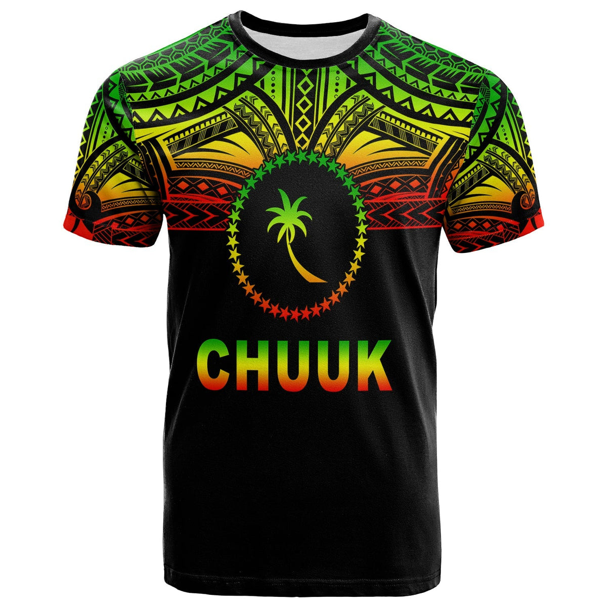Black T-shirt with multicolor 'CHUUK' graphic, palm tree and star-crescent wreath