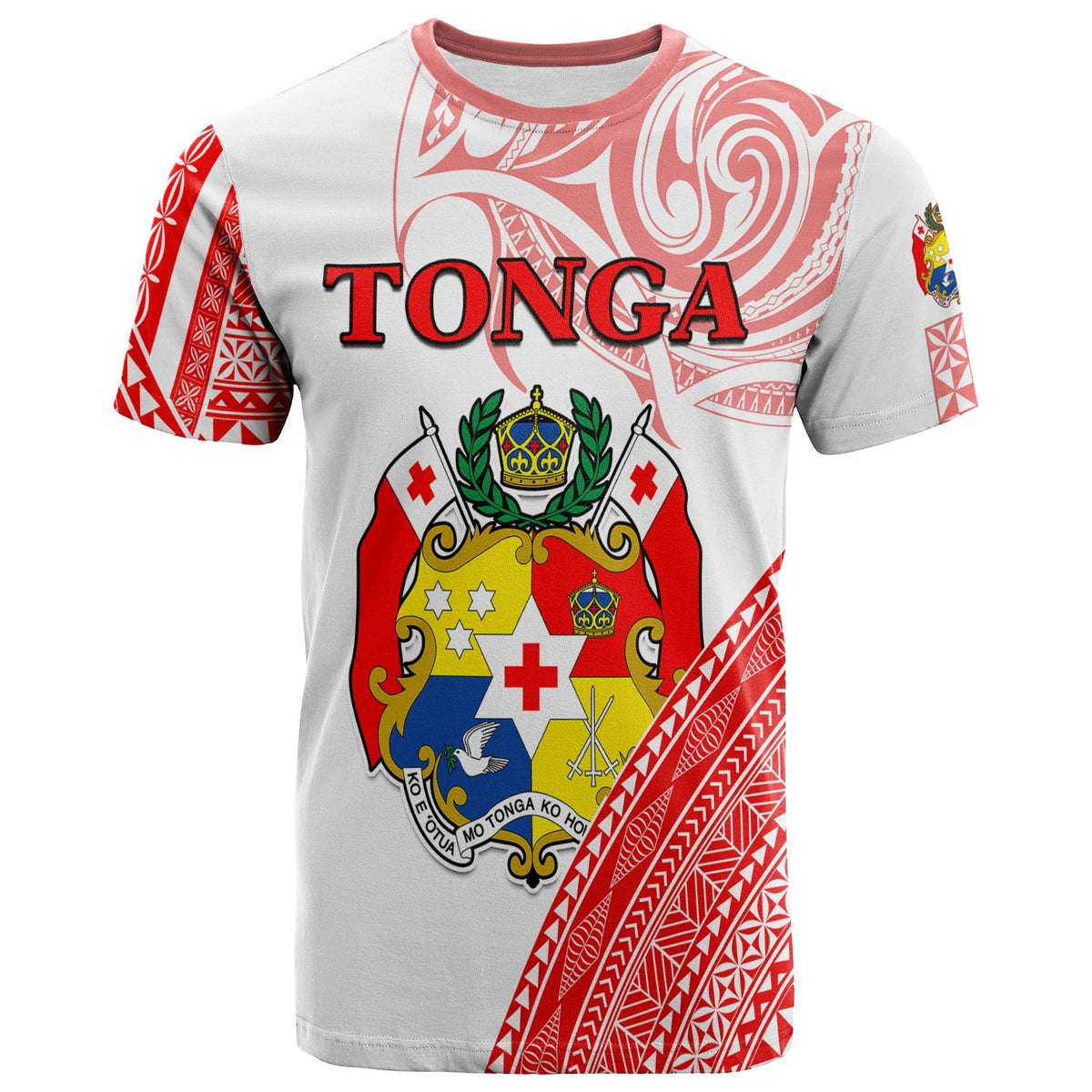 Tonga T-shirt, red and white Polynesian pattern, front crest with TONGA text