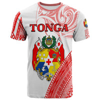 Tonga T-shirt, red and white Polynesian pattern, front crest with TONGA text