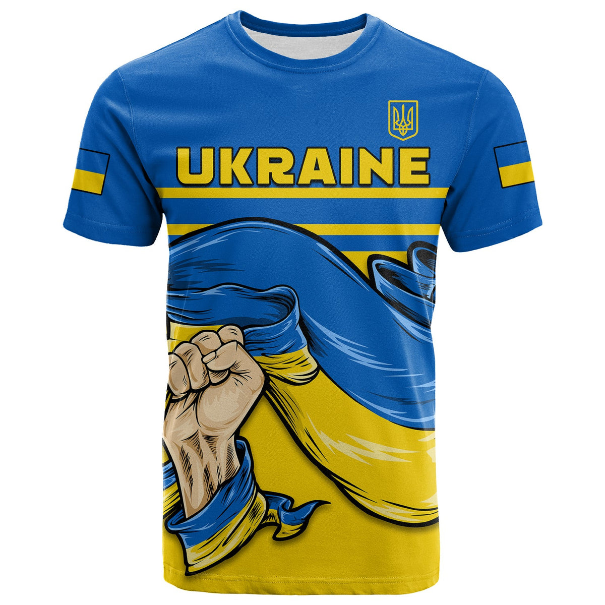 Adult blue Ukraine T-shirt with 'UKRAINE' print, trident, fist and wave