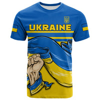 Adult blue Ukraine T-shirt with 'UKRAINE' print, trident, fist and wave