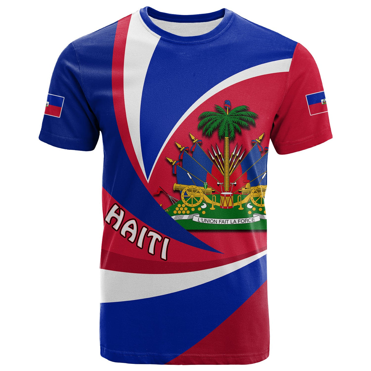 Haiti flag graphic T-shirt: blue/red/white with palm emblem and HAITI text