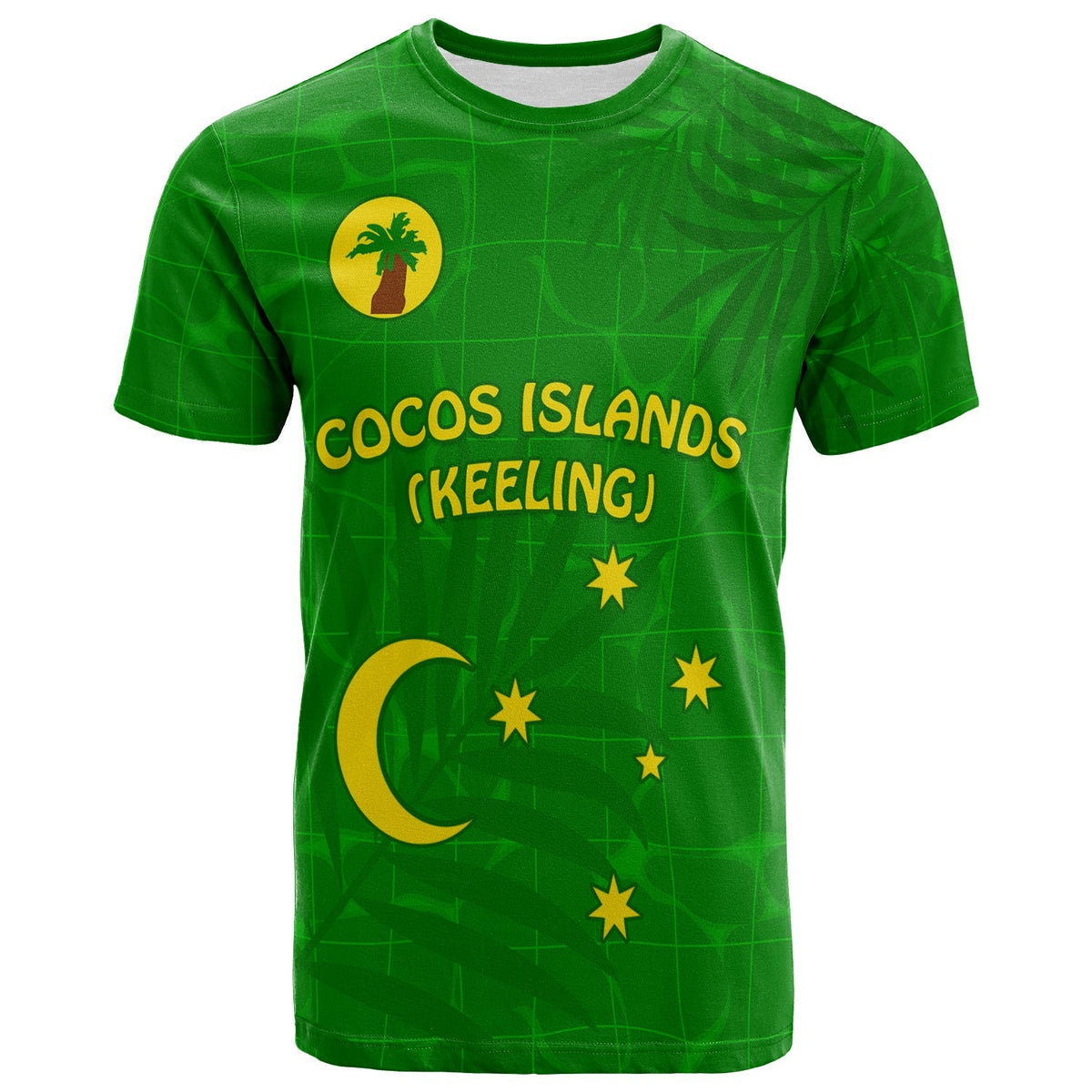 Green T-shirt front with 'COCOS ISLANDS (KEELING)' and yellow moon & stars