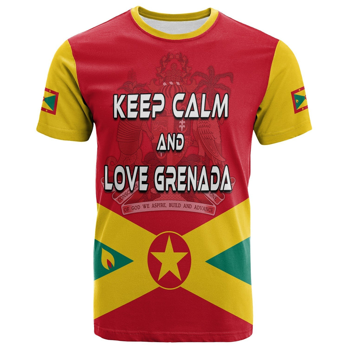 Red Grenada flag T-shirt with yellow-green trim and bold Keep Calm graphic front