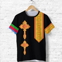 Black T-shirt with Eritrean cross print, tall patterned chest panel and sleeve stripe