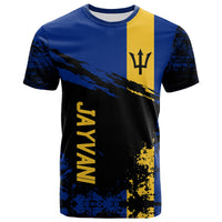 Blue T-shirt with black and yellow diagonal panels, bold 'JAYVANI' graphic, crew neck