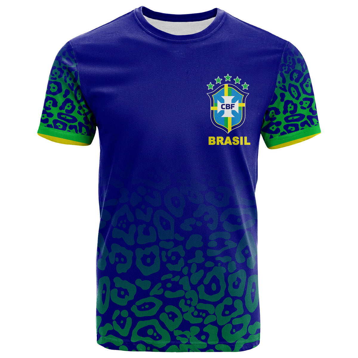 Blue soccer T-shirt with green/yellow leopard pattern sleeves and Brazil crest on chest