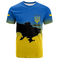 Blue-yellow Ukraine T-shirt with map, trident emblem and 'Ukraina' text on front