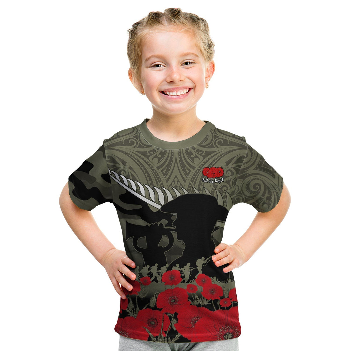 Kids camouflage T-shirt in dark green with Maori swirls and red poppy graphic, front view