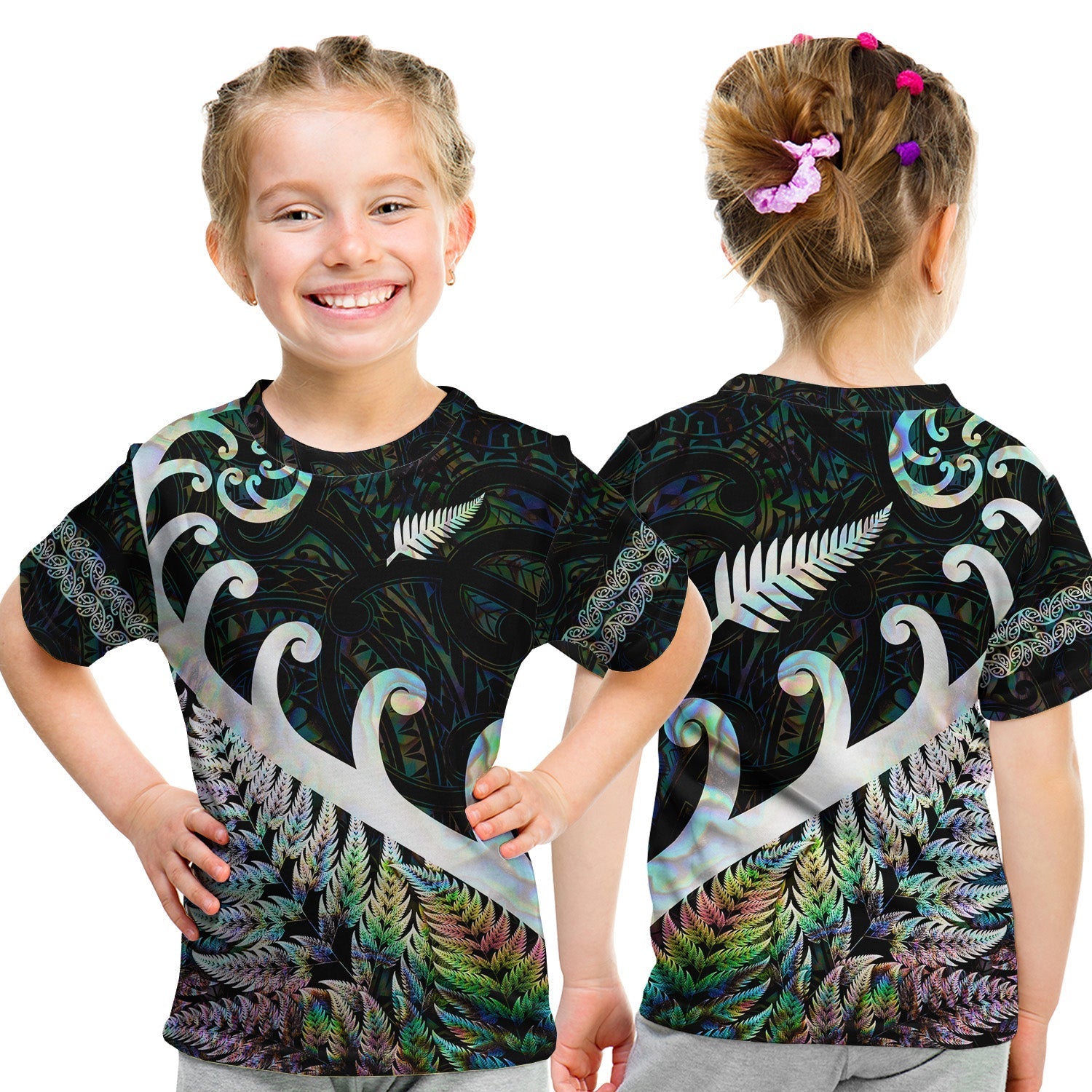 New Zealand Rugby Maori T Shirt KID Silver Fern Koru Vibes Paua Shell LT8 - Wonder Print Shop