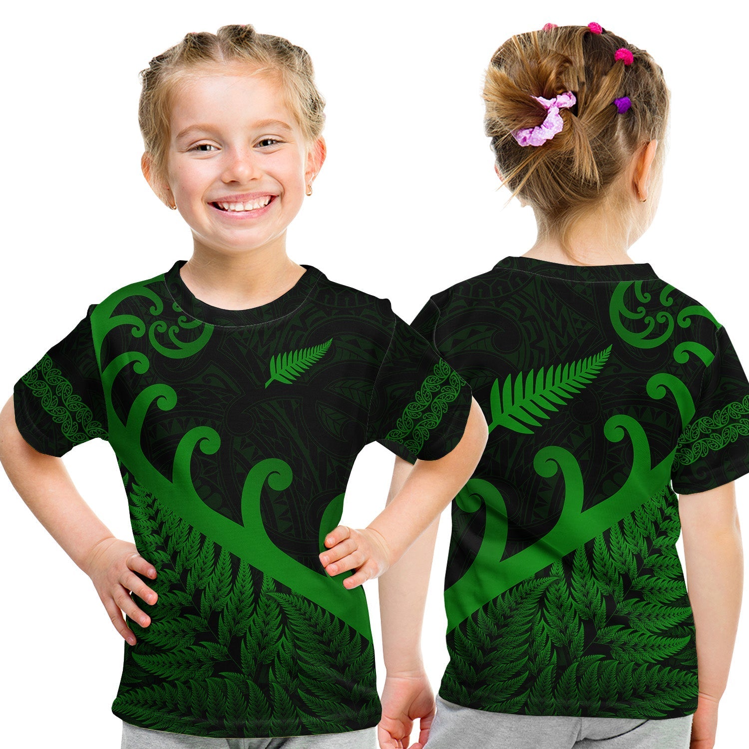 New Zealand Rugby Maori T Shirt KID Silver Fern Koru Vibes Green LT8 - Wonder Print Shop