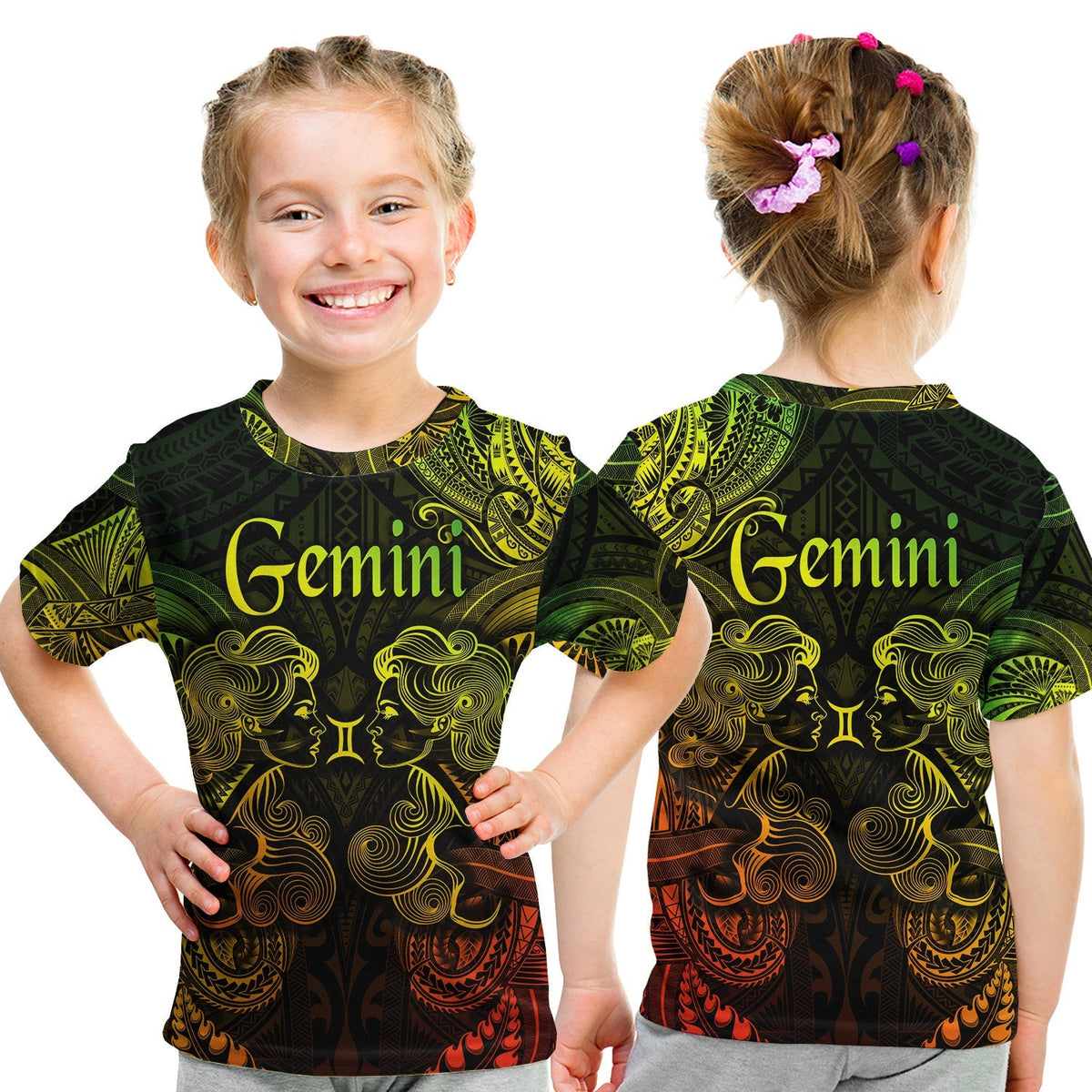 Kids Gemini zodiac Polynesian T-shirt, black with green yellow red lion graphic