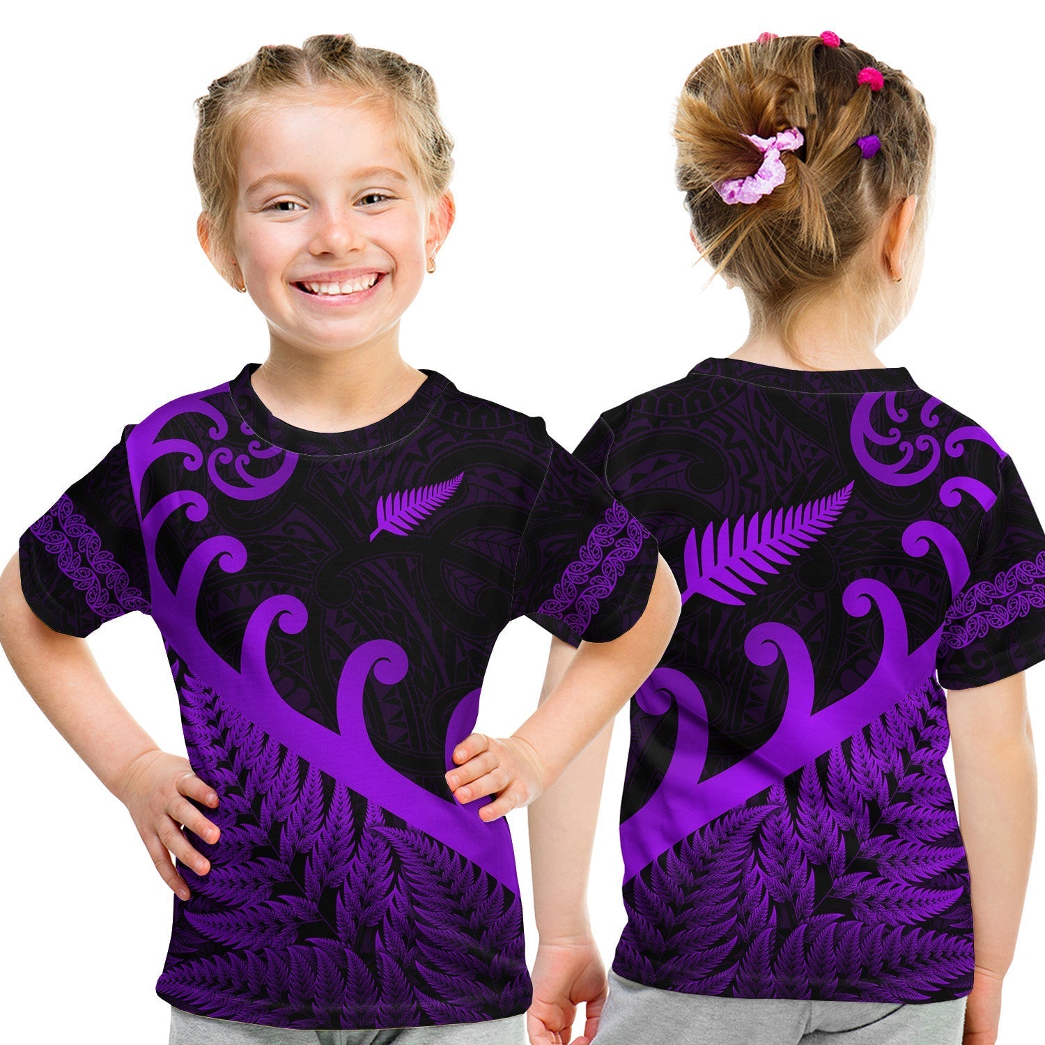 New Zealand Rugby Maori T Shirt KID Silver Fern Koru Vibes Purple LT8 - Wonder Print Shop