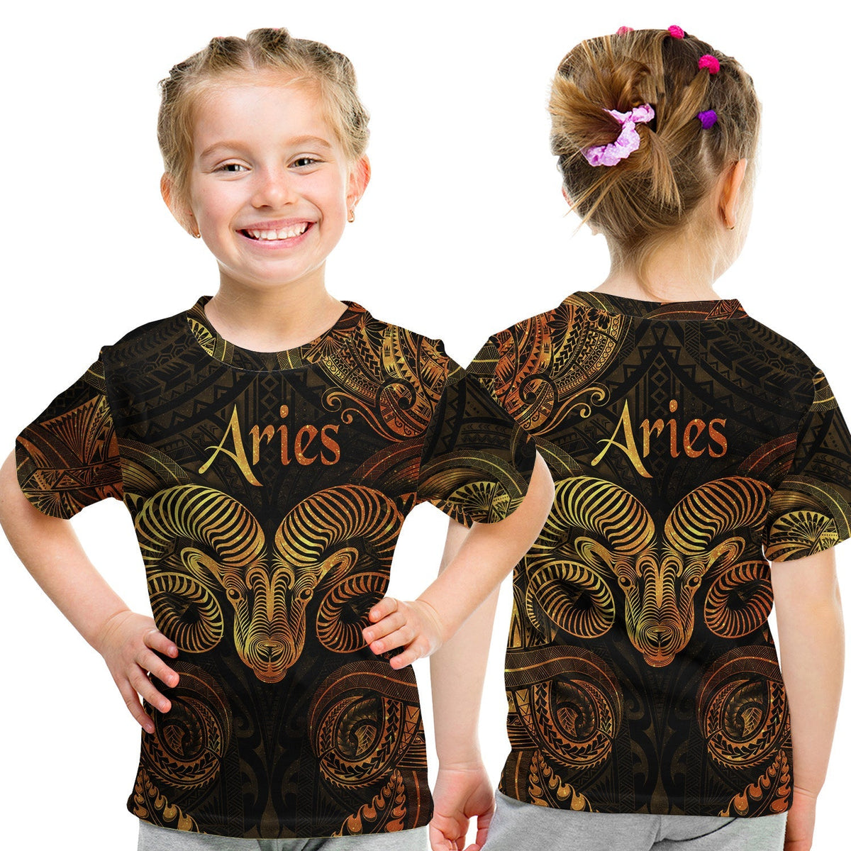 Kids black Aries zodiac Polynesian print T-shirt, gold graphic front and back