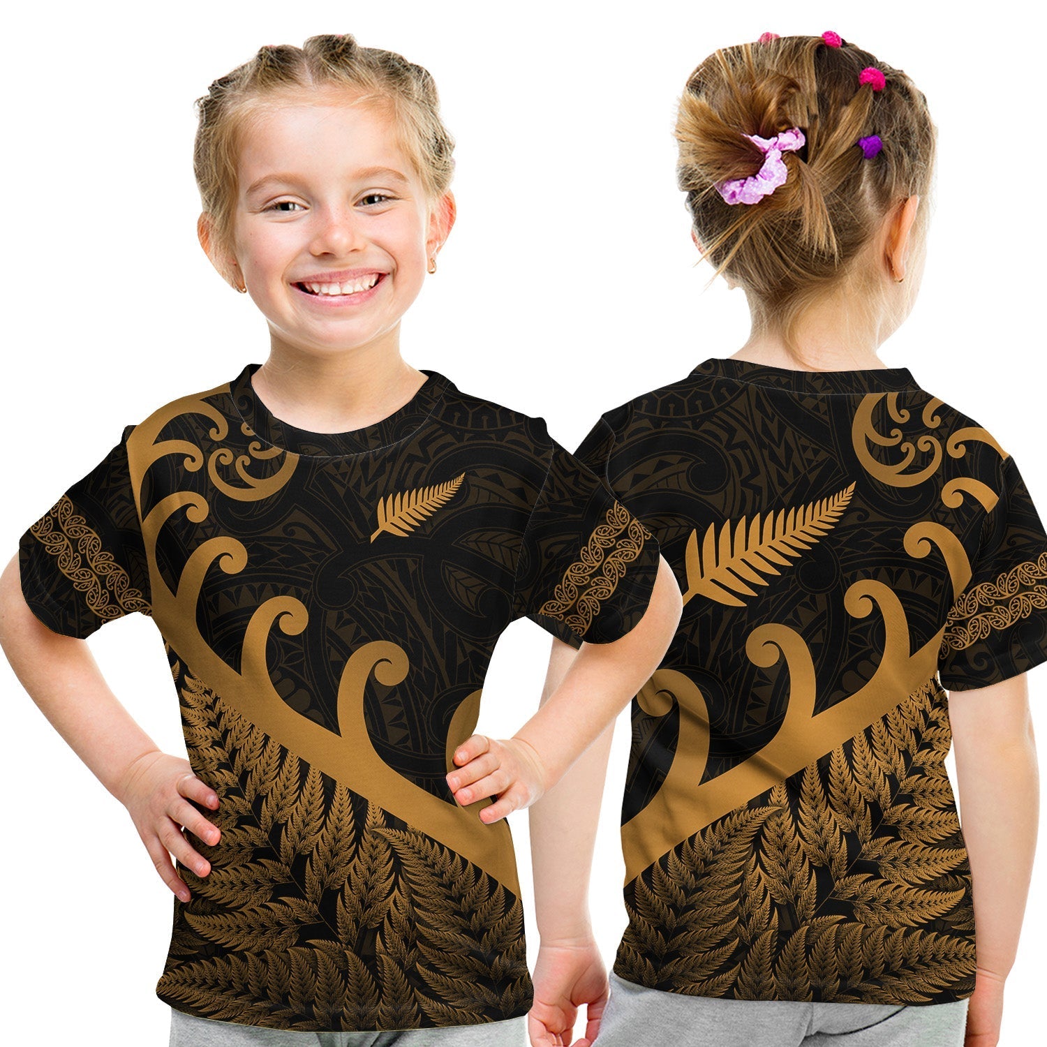 New Zealand Rugby Maori T Shirt KID Silver Fern Koru Vibes Gold LT8 - Wonder Print Shop