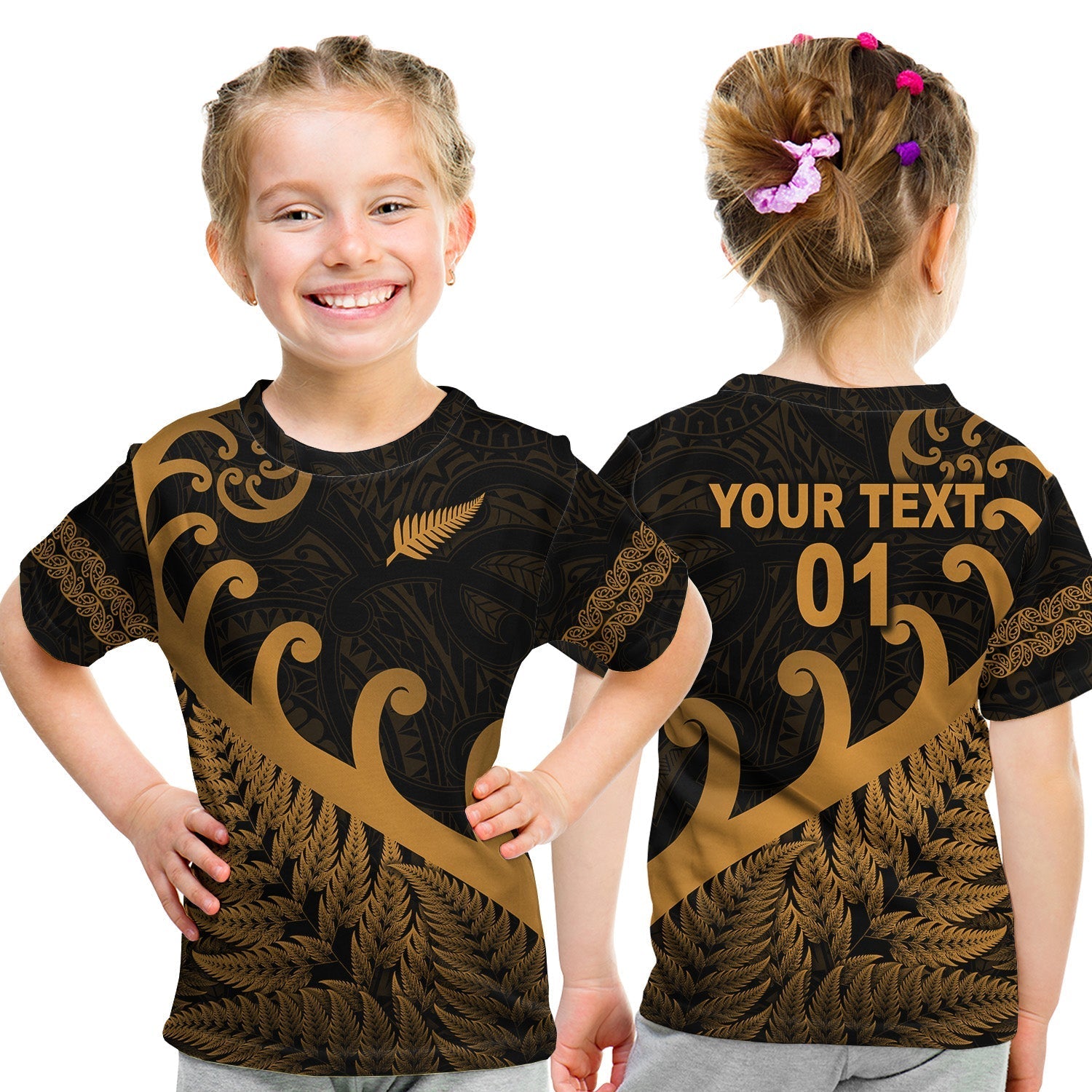 custom-personalised-new-zealand-rugby-maori-t-shirt-kid-silver-fern-koru-vibes-gold