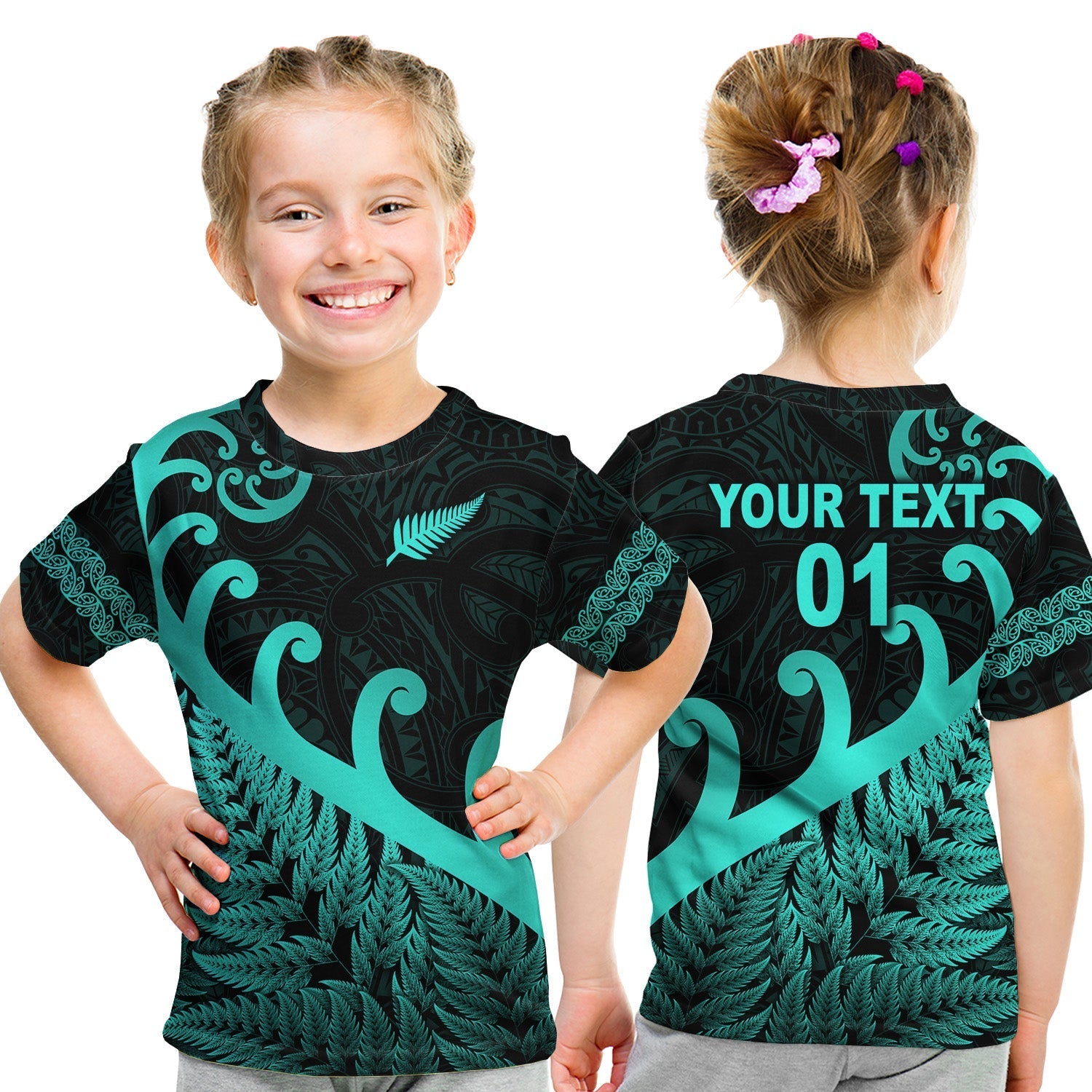 custom-personalised-new-zealand-rugby-maori-t-shirt-kid-silver-fern-koru-vibes-turquoise