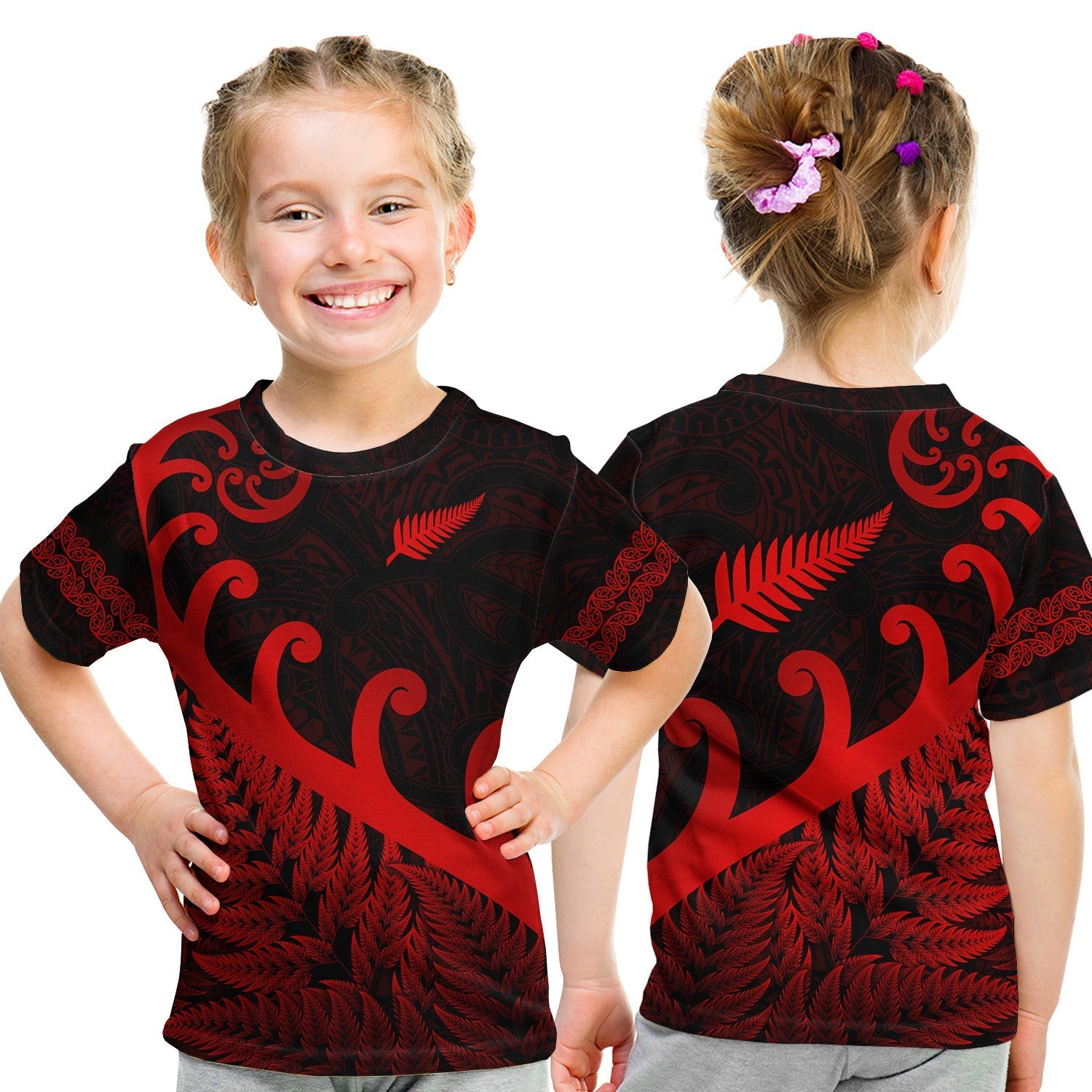 New Zealand Rugby Maori T Shirt KID Silver Fern Koru Vibes Red LT8 - Wonder Print Shop