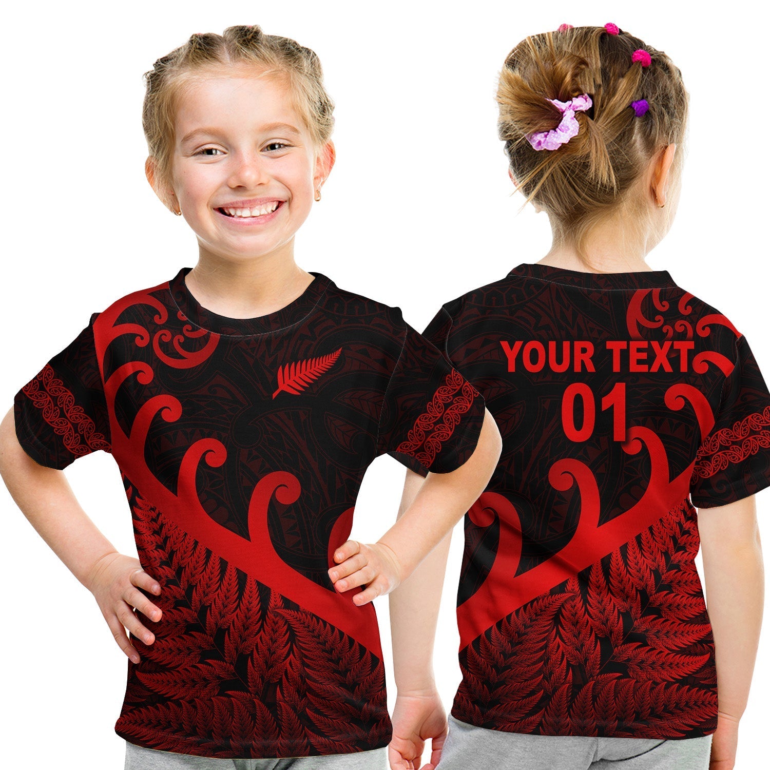 custom-personalised-new-zealand-rugby-maori-t-shirt-kid-silver-fern-koru-vibes-red