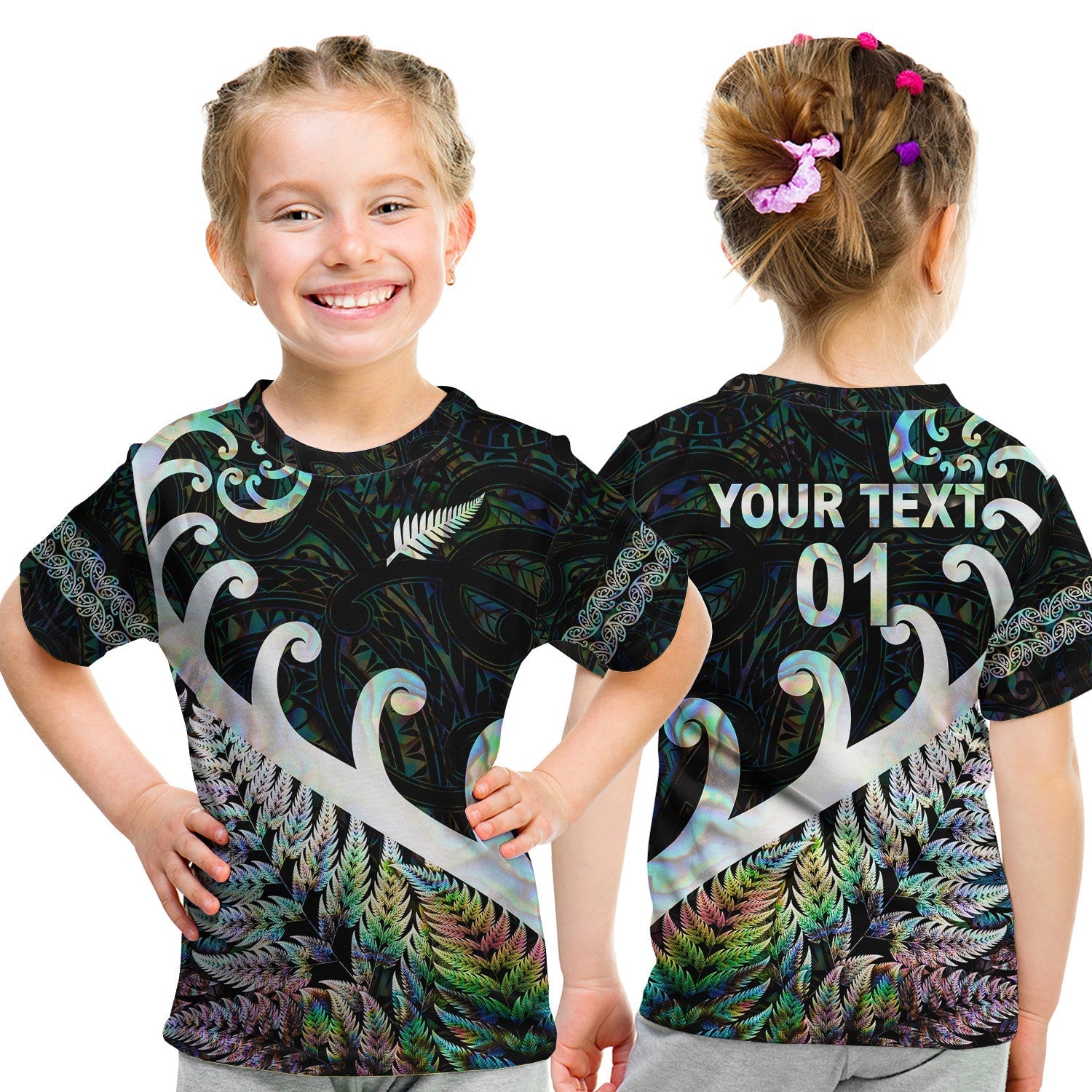 custom-personalised-new-zealand-rugby-maori-t-shirt-kid-silver-fern-koru-vibes-paua-shell