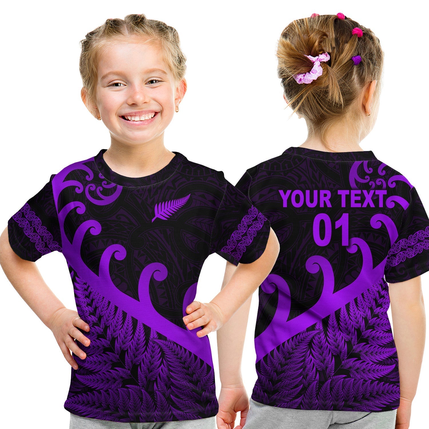 custom-personalised-new-zealand-rugby-maori-t-shirt-kid-silver-fern-koru-vibes-purple