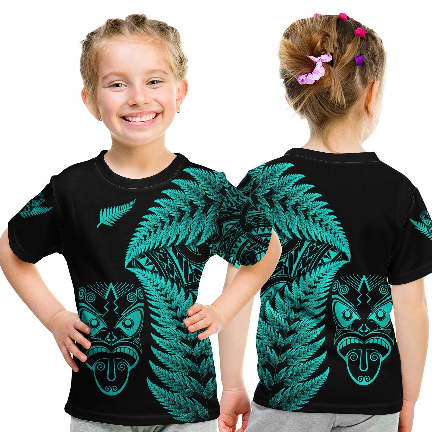 New Zealand Haka Rugby Maori T Shirt KID Silver Fern Vibes Turquoise LT8 - Wonder Print Shop