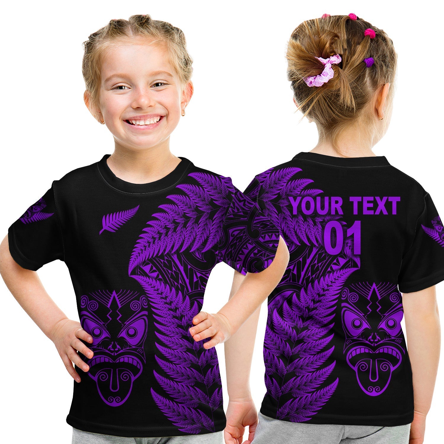 Custom New Zealand T Shirt Haka Rugby Maori with KID Silver Fern Vibes Purple LT8 - Wonder Print Shop