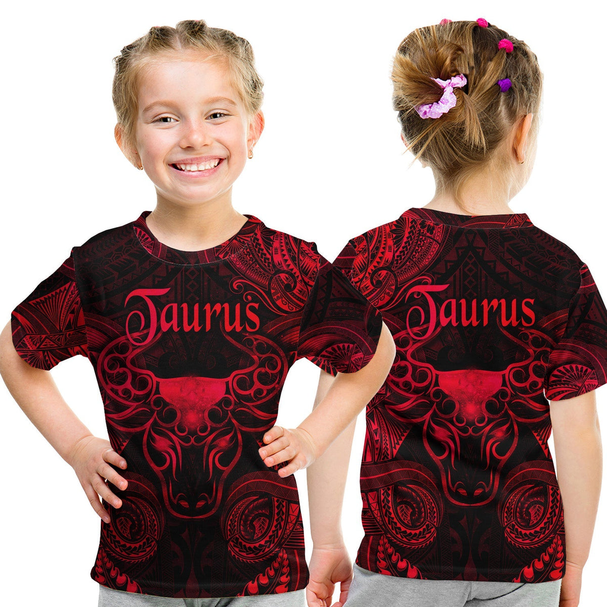 Kid red Taurus zodiac T-shirt with black Polynesian-style tribal pattern