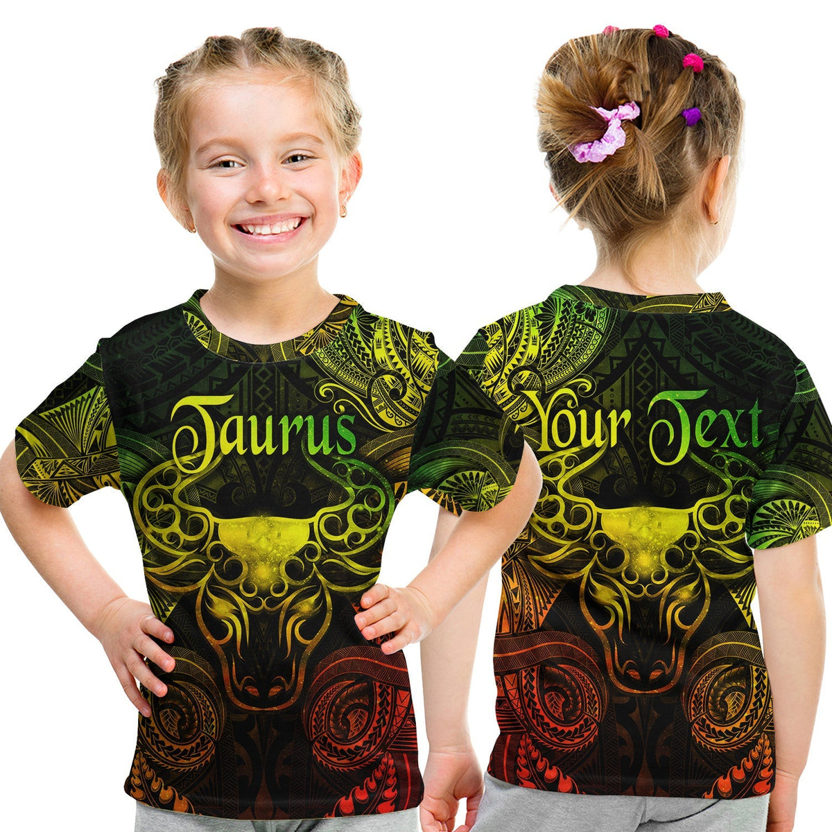 Kid Taurus zodiac T-shirt, black with green-yellow-red Polynesian bull graphic