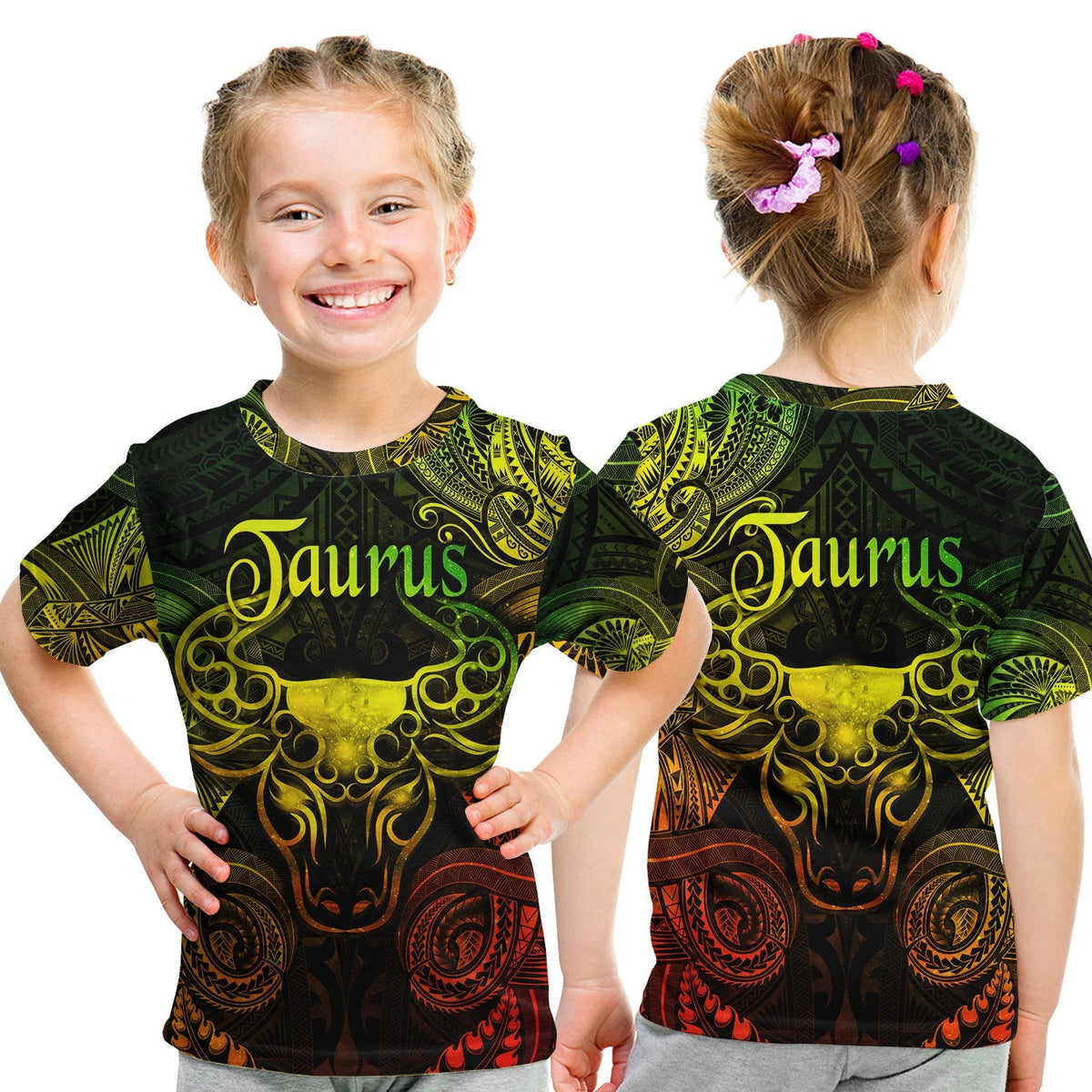 Kids Taurus zodiac polynesian reggae T-shirt, dark base with yellow gold and red graphic