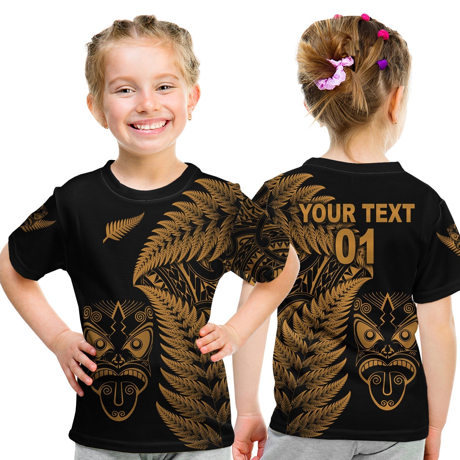 Custom New Zealand T Shirt Haka Rugby Maori with KID Silver Fern Vibes Gold LT8 - Wonder Print Shop