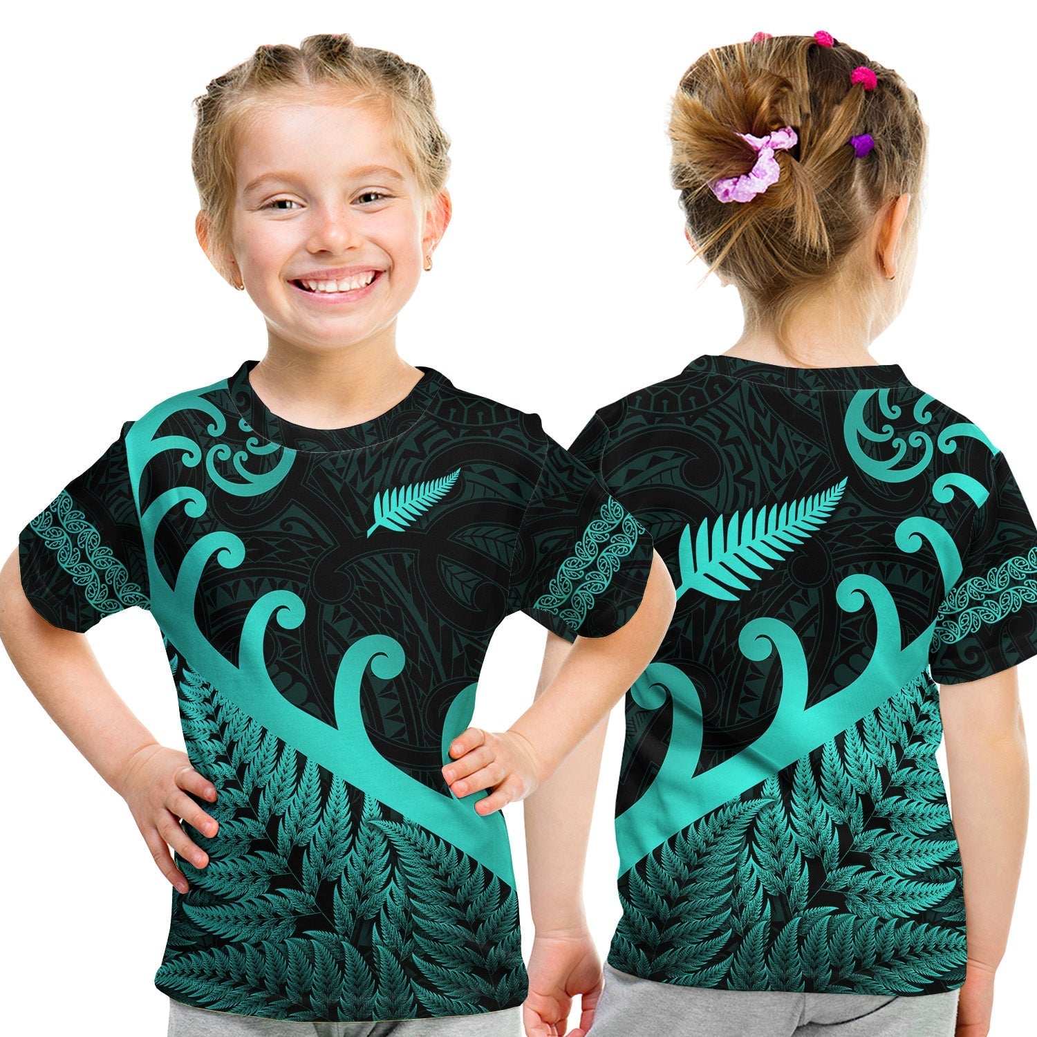 New Zealand Rugby Maori T Shirt KID Silver Fern Koru Vibes Turquoise LT8 - Wonder Print Shop