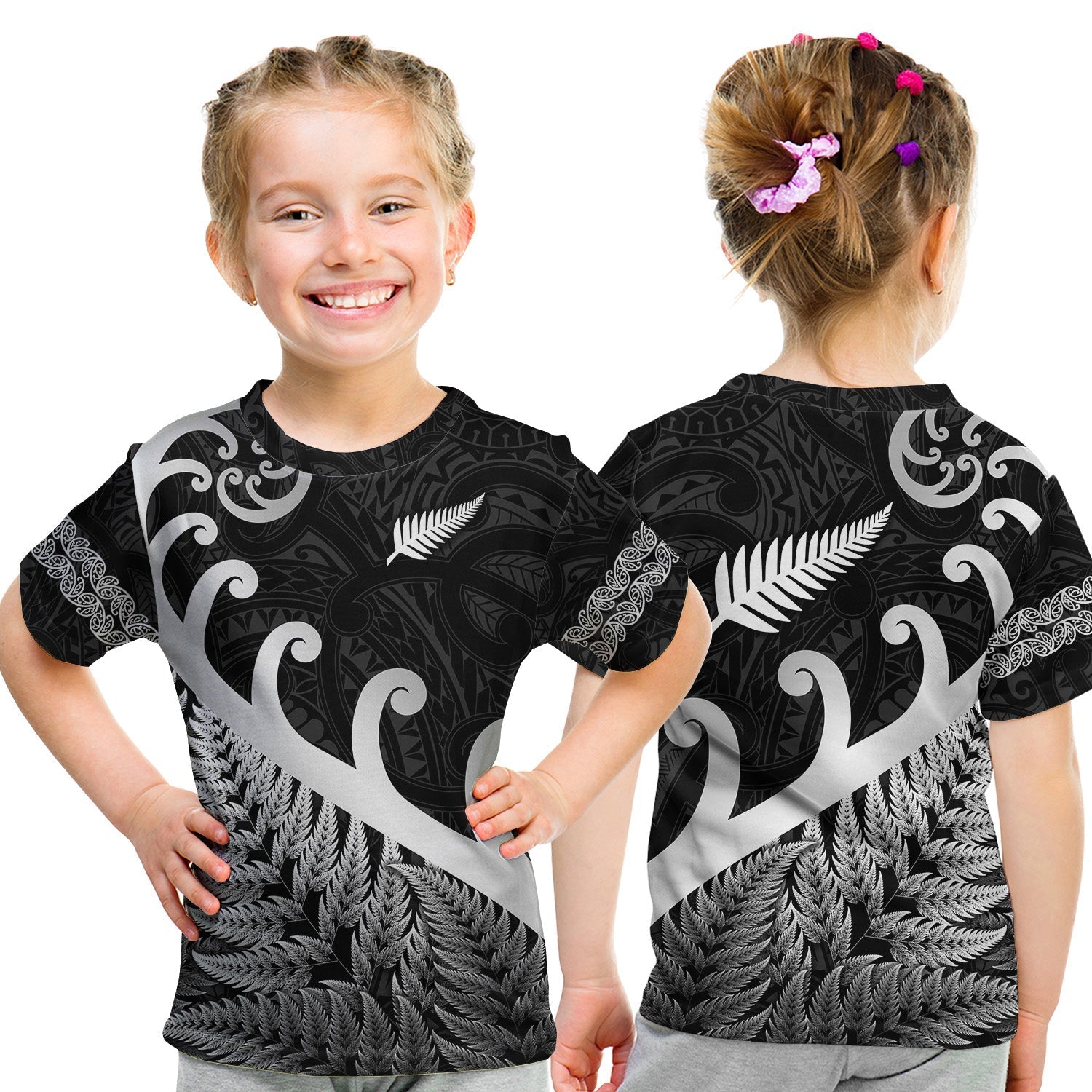 New Zealand Rugby Maori T Shirt KID Silver Fern Koru Vibes Black LT8 - Wonder Print Shop